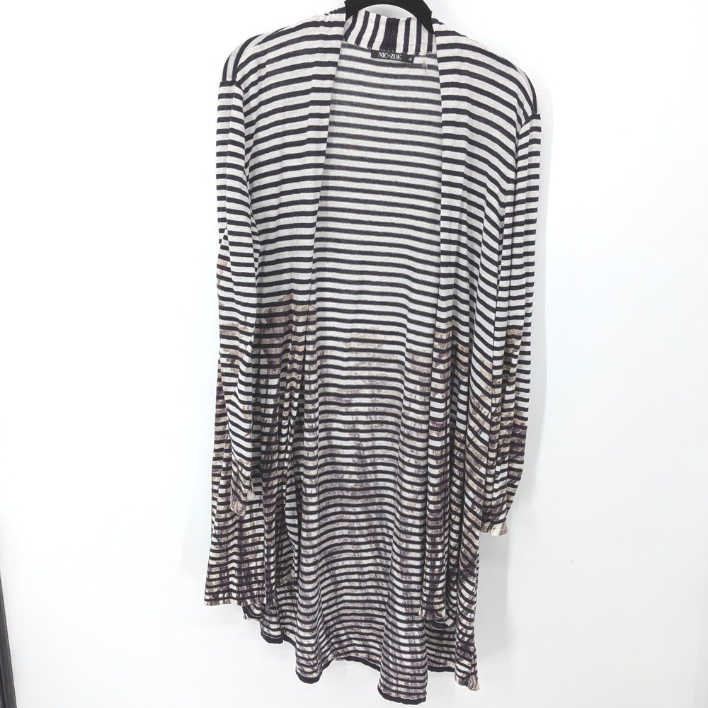 NIC+ZOE Linen Blend Cardigan Women XL Black White Stripe Open Front Longline